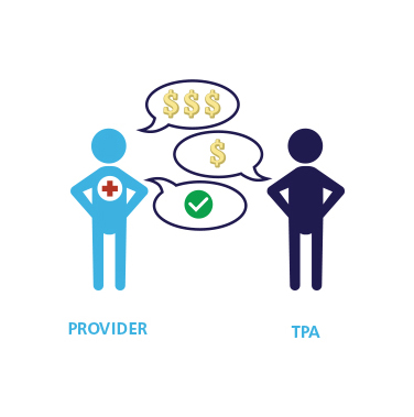 Graphic of a healthcare provider and a TPA discussing costs of a procedure to illustrate reference-based-pricing.